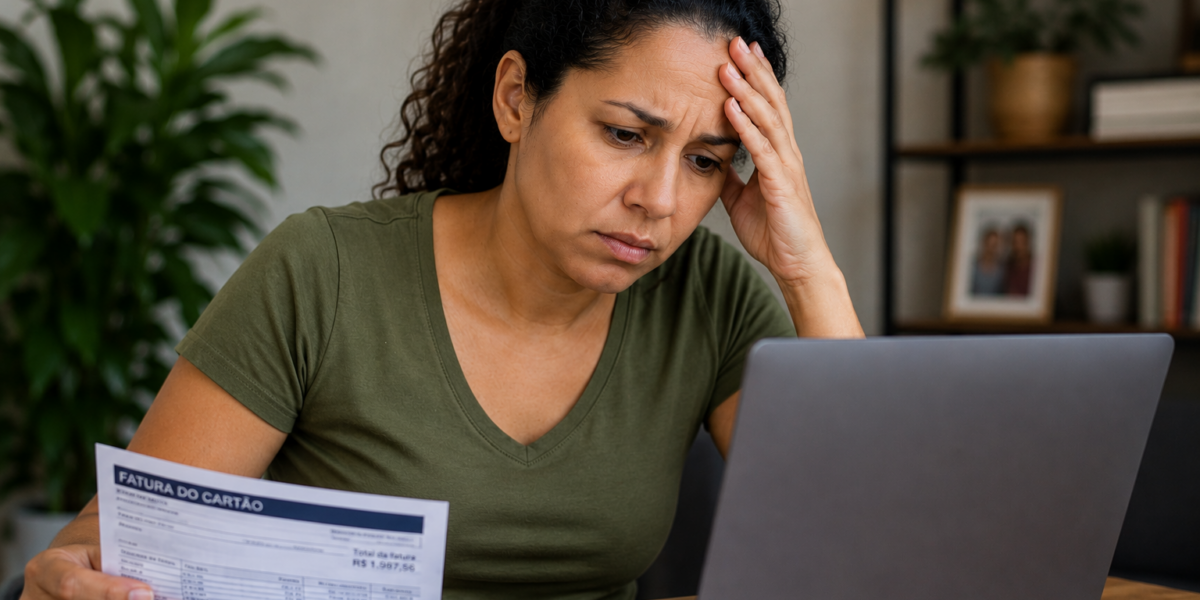 Woman at a table examines a card bill while looking stressed, with a laptop nearby.