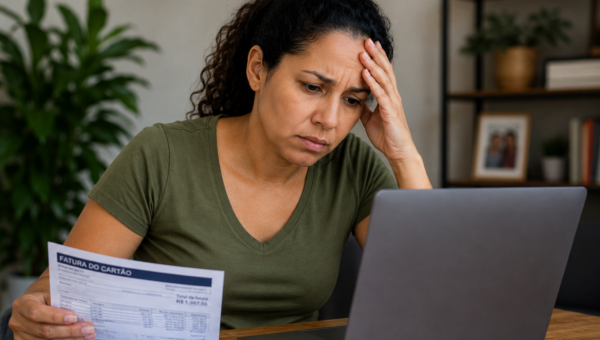 Woman at a table examines a card bill while looking stressed, with a laptop nearby.