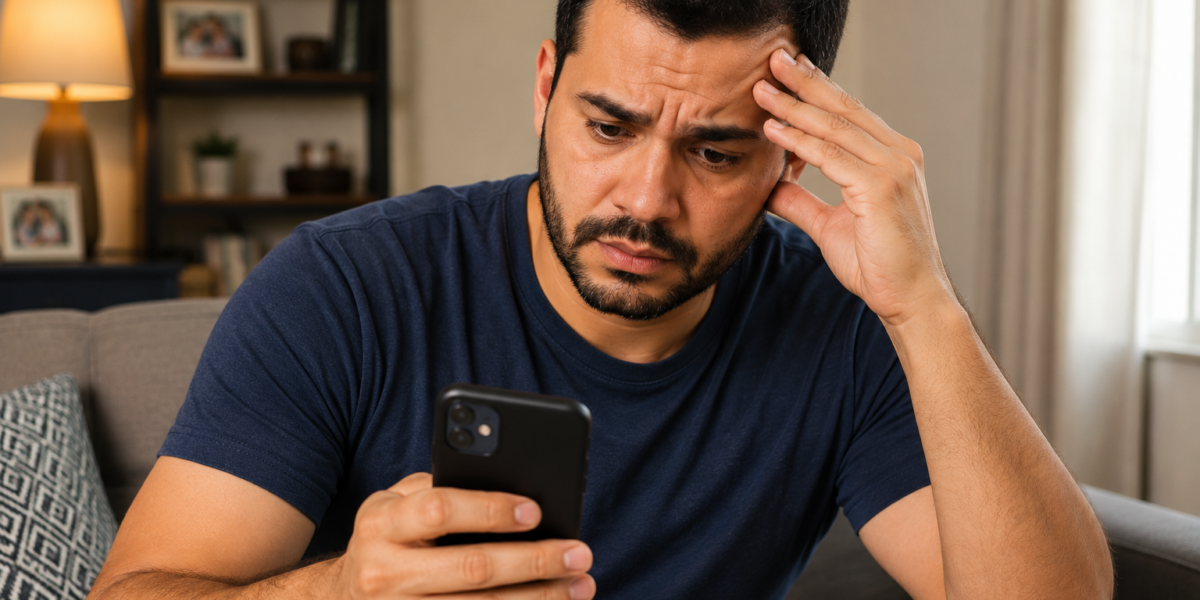 Man sitting on a couch, looking at his smartphone with a worried expression, hand pressed to his temple.