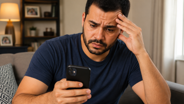 Man sitting on a couch, looking at his smartphone with a worried expression, hand pressed to his temple.
