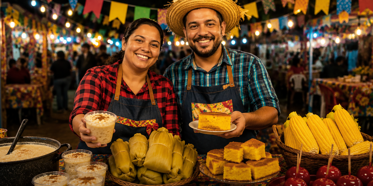 Casal vende comidas juninas em barraca de festa, representando uma oportunidade de renda extra no São João.