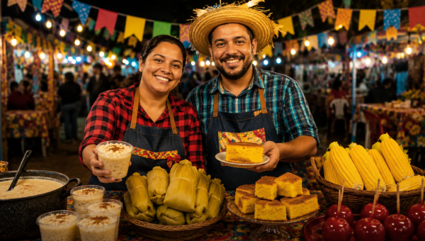 Casal vende comidas juninas em barraca de festa, representando uma oportunidade de renda extra no São João.