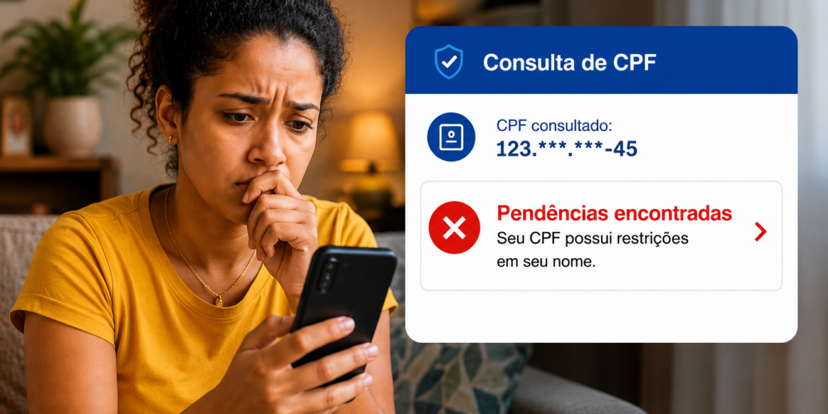 Mulher preocupada olhando o celular, com alerta de CPF pendente aparecendo ao lado.