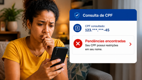 Mulher preocupada olhando o celular, com alerta de CPF pendente aparecendo ao lado.