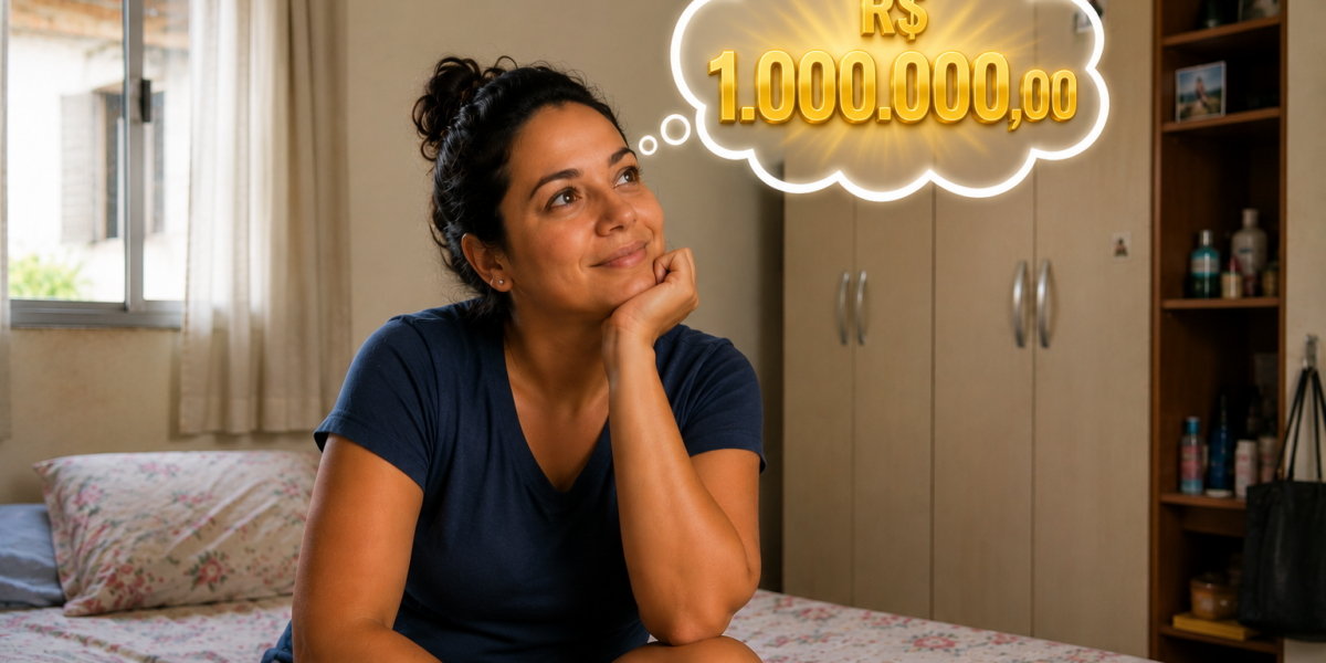 Mulher imaginando o que faria com um prêmio de R$ 1 milhão de reais.