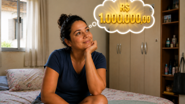 Mulher imaginando o que faria com um prêmio de R$ 1 milhão de reais.