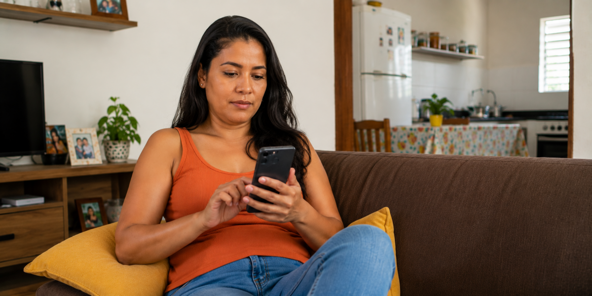 Mulher olha o celular em casa, representando situações de alerta e prevenção contra golpes financeiros.