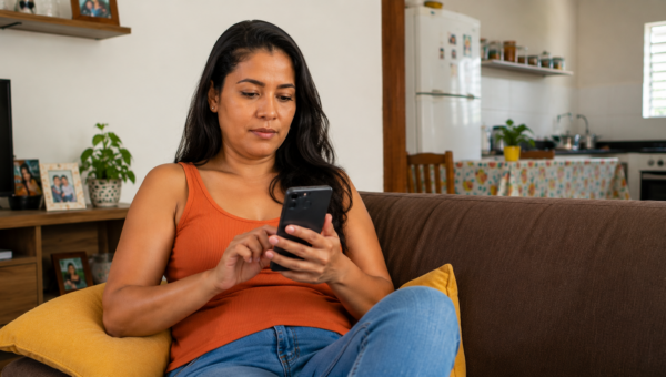 Mulher olha o celular em casa, representando situações de alerta e prevenção contra golpes financeiros.