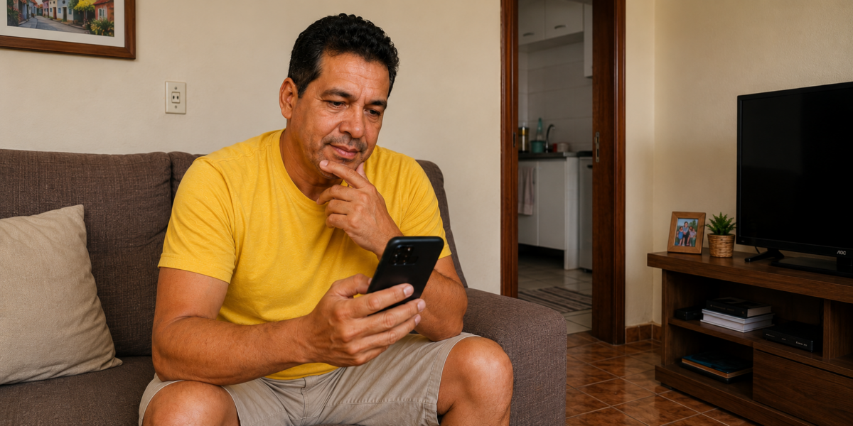 Homem sentado no sofá olha o celular, representando a consulta de informações sobre título de capitalização da modalidade popular.