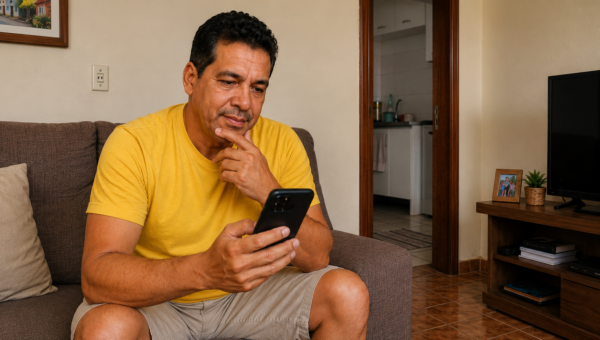 Homem sentado no sofá olha o celular, representando a consulta de informações sobre título de capitalização da modalidade popular.