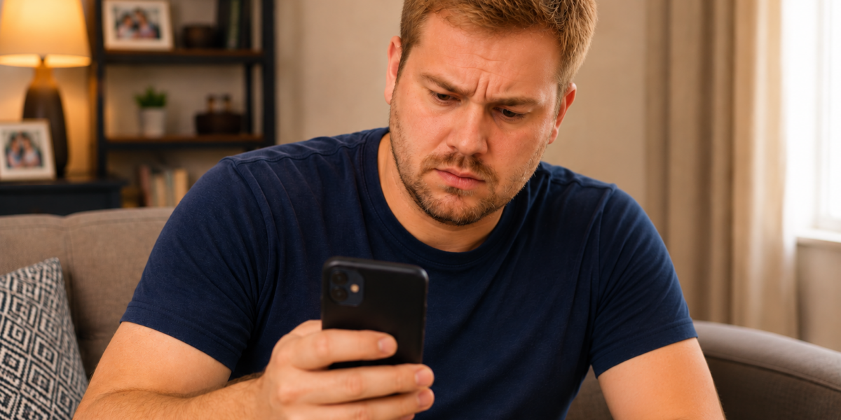 Man in a navy shirt sits on a sofa, frowning at a smartphone in his hand at home.