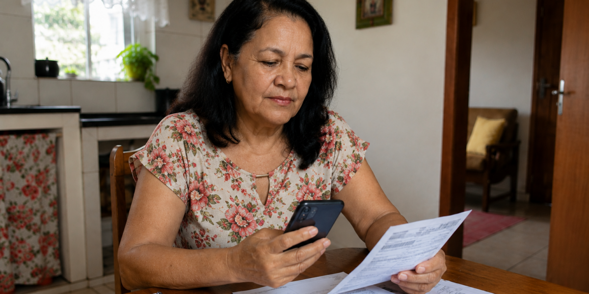 Older woman with dark hair in a floral blouse sits at a wooden kitchen table, looking at papers while holding a smartphone.