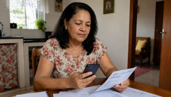 Older woman with dark hair in a floral blouse sits at a wooden kitchen table, looking at papers while holding a smartphone.