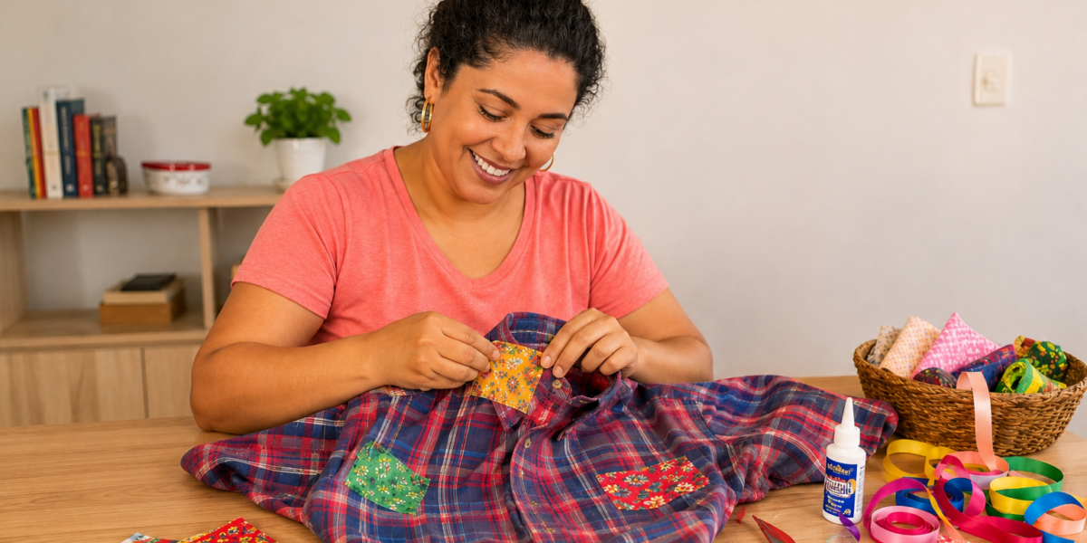 Mulher customiza camisa xadrez com retalhos coloridos para criar uma roupa de festa junina gastando pouco.