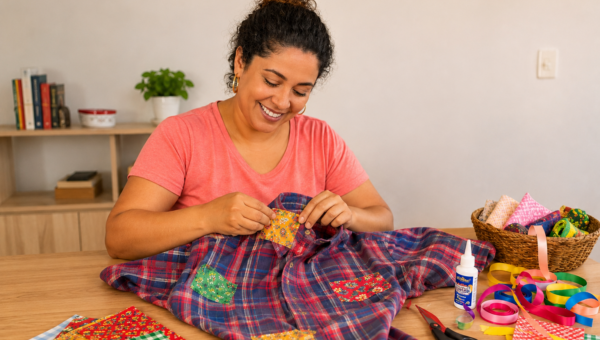 Mulher customiza camisa xadrez com retalhos coloridos para criar uma roupa de festa junina gastando pouco.