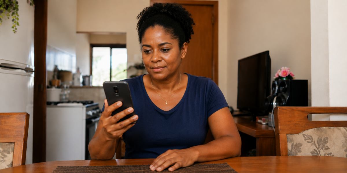 Woman sits at a wooden dining table, looking at her smartphone in a home kitchen/dining area.