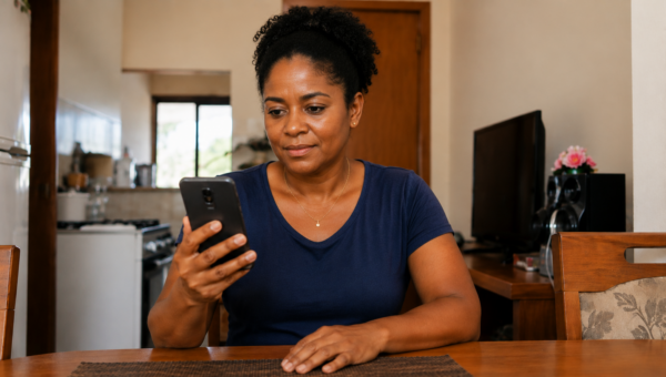Woman sits at a wooden dining table, looking at her smartphone in a home kitchen/dining area.