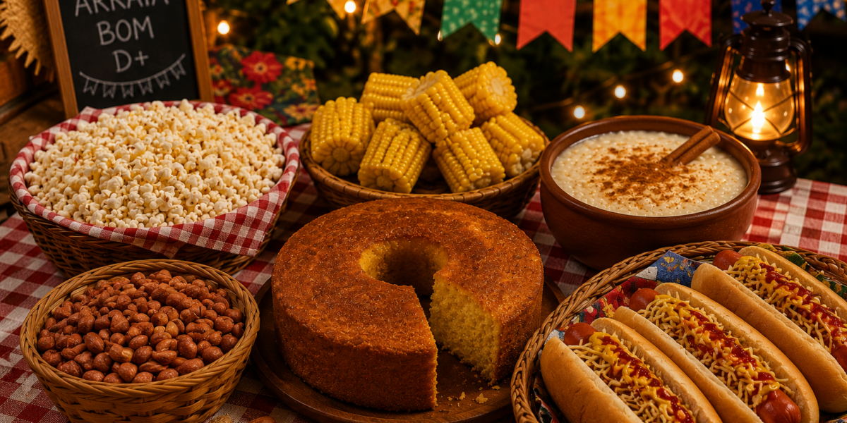 Mesa com comidas de festa junina, como milho, pipoca, amendoim, bolo, arroz‑doce e cachorro‑quente.