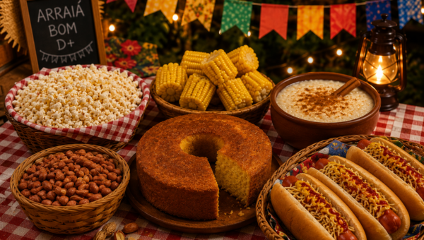Mesa com comidas de festa junina, como milho, pipoca, amendoim, bolo, arroz‑doce e cachorro‑quente.