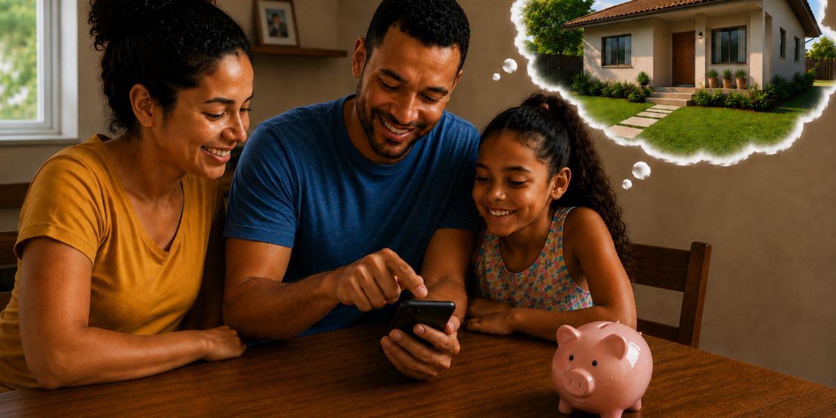 Família planeja metas financeiras pelo celular, com cofrinho sobre a mesa e o sonho da casa própria em destaque.