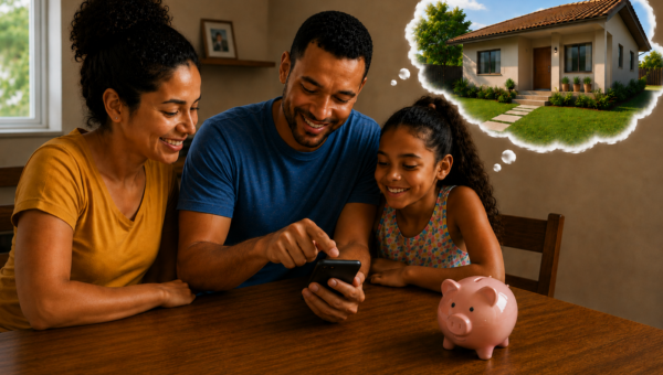 Família planeja metas financeiras pelo celular, com cofrinho sobre a mesa e o sonho da casa própria em destaque.