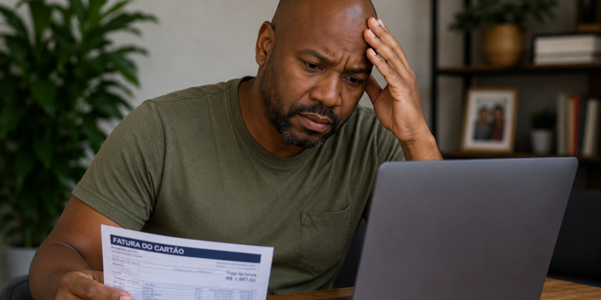 Concerned man in a green shirt sits at a table with a laptop, holding a bill and reading it carefully.