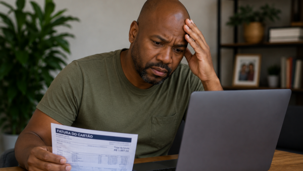 Concerned man in a green shirt sits at a table with a laptop, holding a bill and reading it carefully.