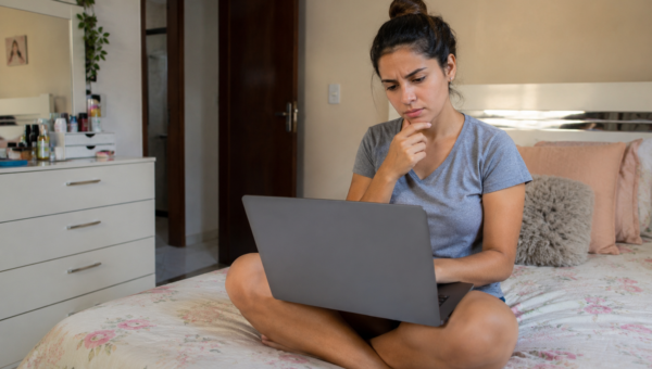 Woman sitting cross-legged on a bed, using a laptop and resting her chin on her hand, looking thoughtful.