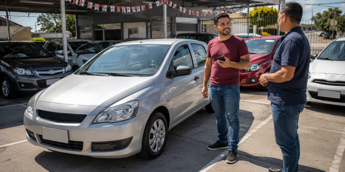 Homem conversando com vendedor ao lado de carro usado em uma loja de veículos.