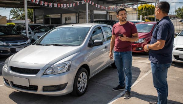 Homem conversando com vendedor ao lado de carro usado em uma loja de veículos.