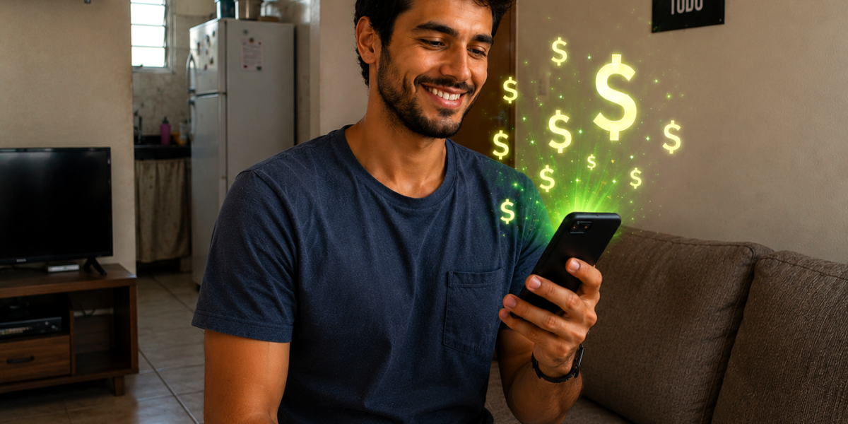Homem sorrindo ao usar o celular para buscar oportunidades de renda extra e ganhar dinheiro online.