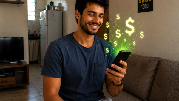 Homem sorrindo ao usar o celular para buscar oportunidades de renda extra e ganhar dinheiro online.