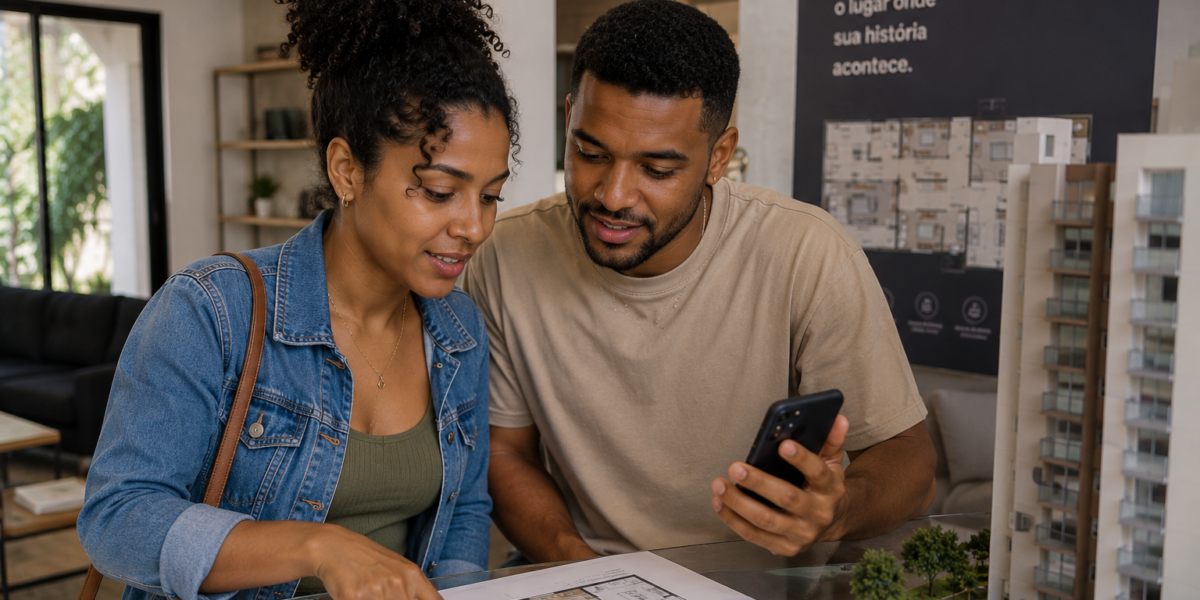 Casal analisa projeto de imóvel para decidir se vale a pena comprar um apartamento na planta.