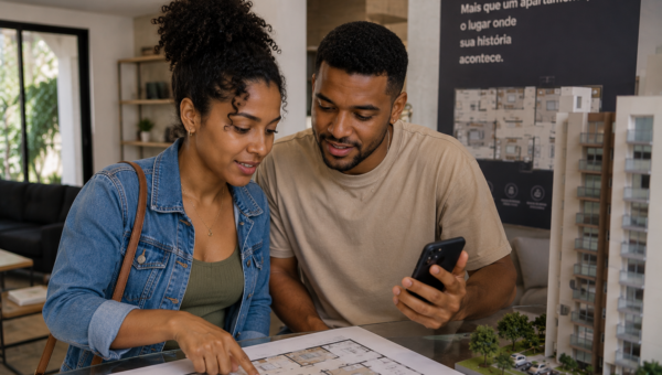 Casal analisa projeto de imóvel para decidir se vale a pena comprar um apartamento na planta.