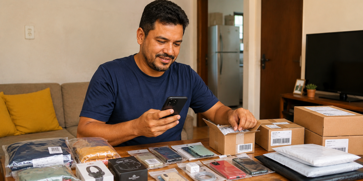 Homem usa o celular ao lado de caixas e produtos embalados enquanto organiza um pequeno negócio em casa.