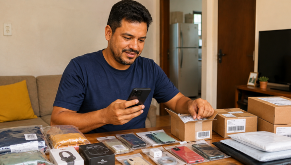 Homem usa o celular ao lado de caixas e produtos embalados enquanto organiza um pequeno negócio em casa.