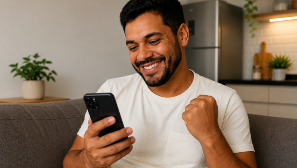 Homem comemora ao usar o celular em casa, representando oportunidades para ganhar dinheiro pela internet e fazer renda extra.