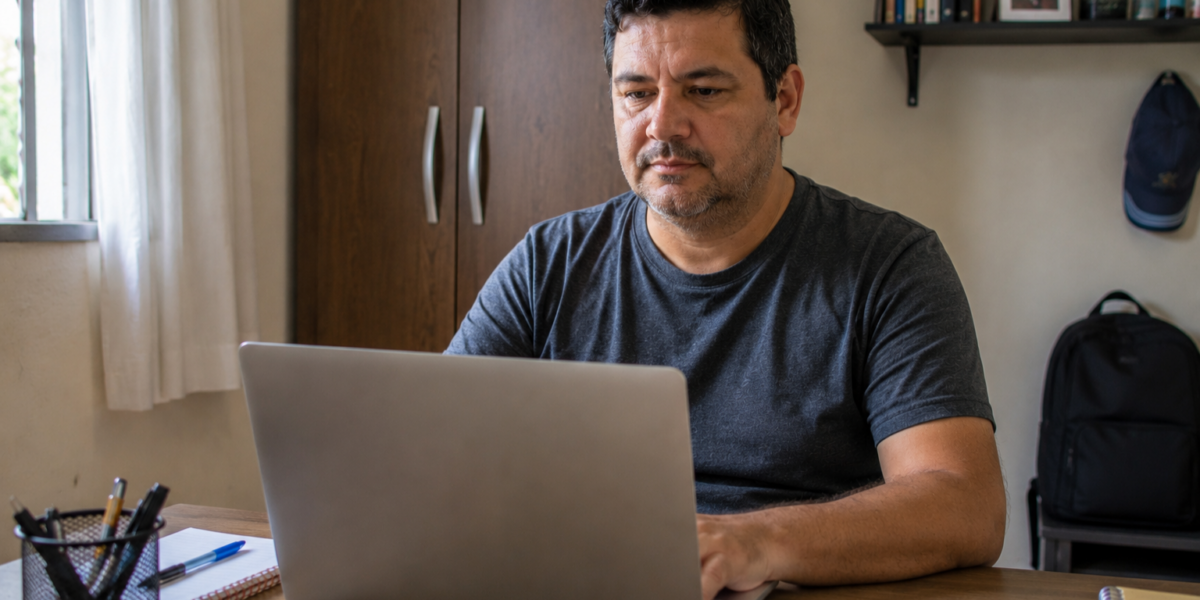 Man in a dark t‑shirt typing on a silver laptop at a wooden desk in a home office.