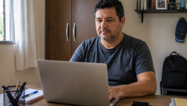 Man in a dark t‑shirt typing on a silver laptop at a wooden desk in a home office.