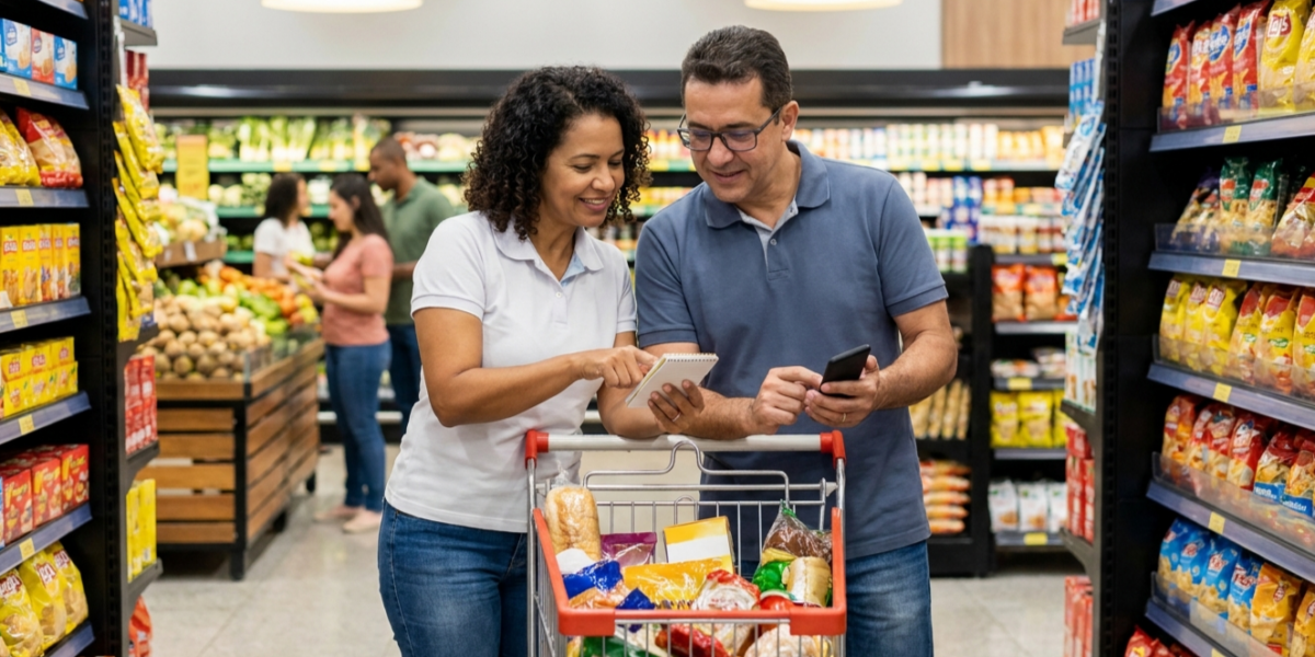 Couple shopping in a grocery store, examining a notebook and smartphone together beside a shopping cart full of groceries.