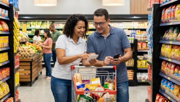 Couple shopping in a grocery store, examining a notebook and smartphone together beside a shopping cart full of groceries.