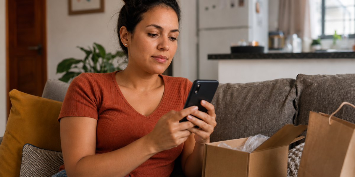 Woman relaxing on a couch at home, looking at her smartphone with a cardboard box and shopping bag nearby, suggesting online shopping or unboxing.