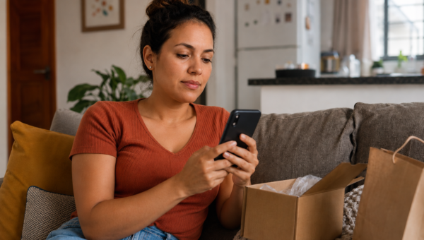 Woman relaxing on a couch at home, looking at her smartphone with a cardboard box and shopping bag nearby, suggesting online shopping or unboxing.