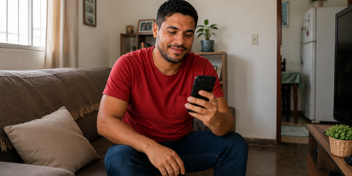 Homem usando o celular para decidir como aproveitar um salário extra.