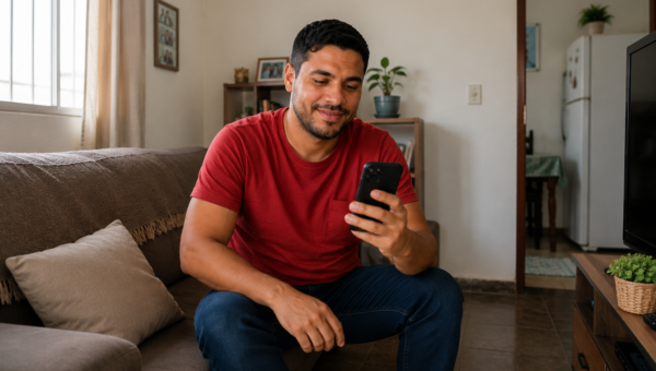 Homem usando o celular para decidir como aproveitar um salário extra.