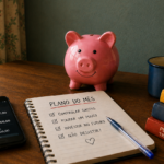 Pink piggy bank sits on a wooden table beside a notebook titled 'PLANO DO MÊS' with checked items, a blue pen, and a smartphone showing budget figures, plus a dark mug and a stack of colorful books.