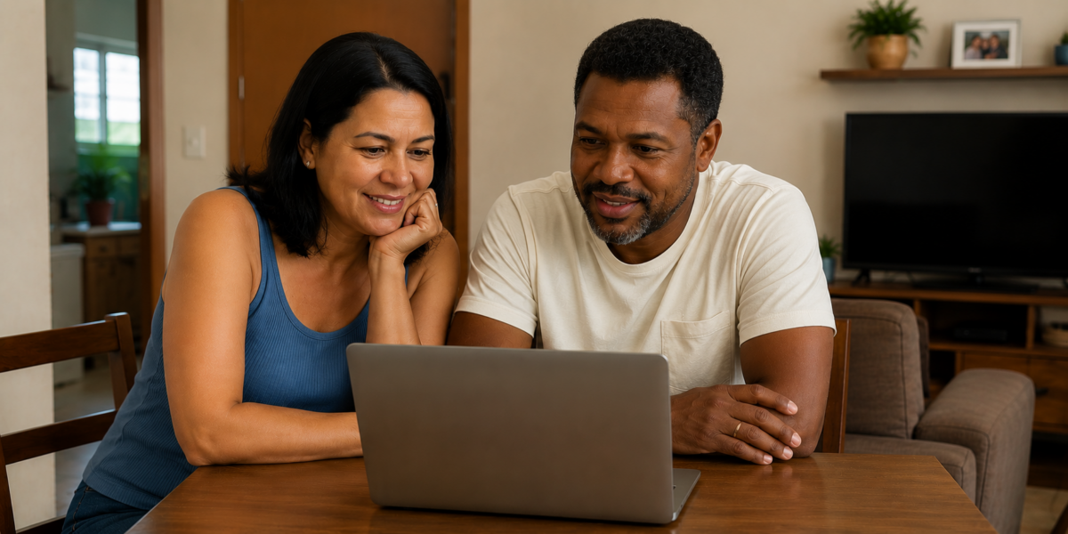 Casal consulta informações no notebook para avaliar opções de empréstimo e organizar as finanças.