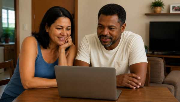 Casal consulta informações no notebook para avaliar opções de empréstimo e organizar as finanças.