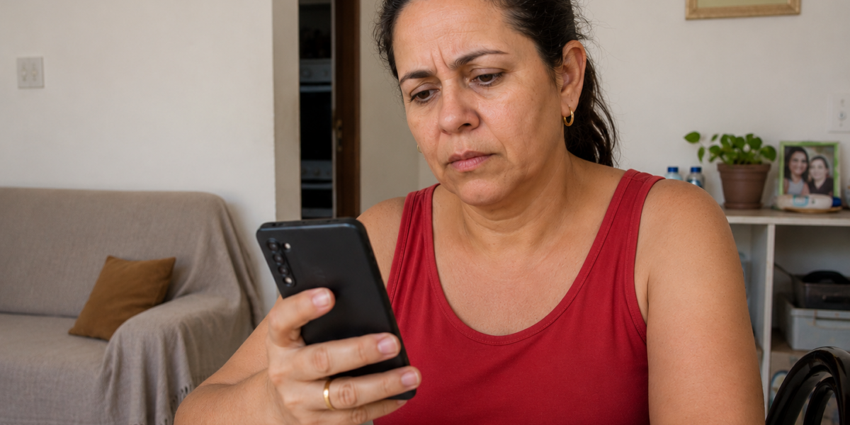 Mulher consultando informações sobre confissão de dívida pelo celular.