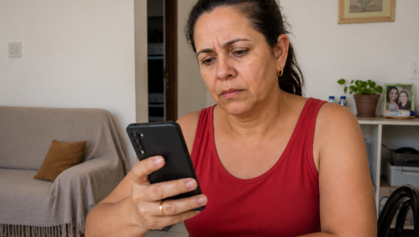 Mulher consultando informações sobre confissão de dívida pelo celular.